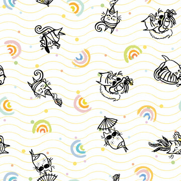 Vector sexy beach cat seamless pattern. Luscious funny beach cat wellbeing illustration in sketch style. Cartoon animals background. Doodle kitty. Surface pattern design.