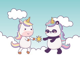 kawaii unicorn and panda with star in clouds cartoon character magical fantasy