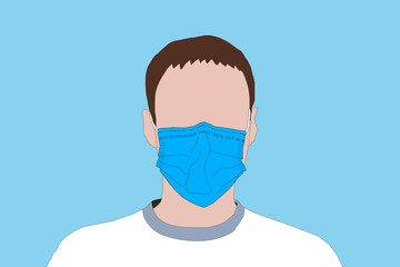 Portrait of a sick man wearing medical mask with coronavirus text at blue background. Coronavirus concept. Protect your health, , illustration