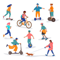 Boys and girls go in for outdoors activity:running,walking dog,roller skating,skateboarding,bicycling,using electric scooter, monocycle,hoverboard. Set of flat cartoon vector isolated illustrations.