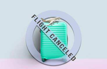 Turquoise travel suitcase, Concept of Caneled trip to risk places COVID-19. crisis in tourism industry concept.