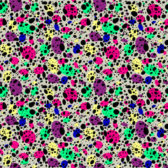 Fototapeta na wymiar Contemporary vivid multicolor seamless pattern, splatter background with dots, spray paint.