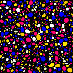 Contemporary vivid multicolor seamless pattern, splatter background with dots, spray paint.