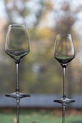 The row of wine glasses on a sill.