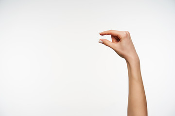 Indoor shot of pretty young woman's hand with white manicure showing small length with fingers while posing against white background. Body language concept