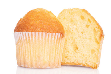 Group of two halves of sliced small baked muffin isolated on white