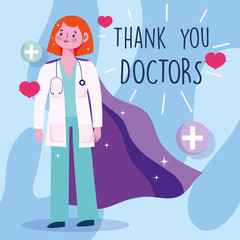 thanks you doctors, female physician with cape character, love hearts