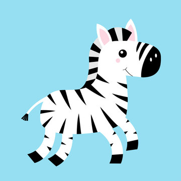 Zebra icon. Black striped horse jumping. Cute cartoon kawaii funny baby character. Notebook cover, t-shirt print. Zoo animal. Education cards for kids. Isolated. Blue background. Flat design.