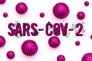 Inscription SARS-COV-2 on white background. Coronavirus disease 2019 is an infectious disease caused by severe acute respiratory syndrome (COVID-19).  Abstract purple virus strain model of MERS-Cov