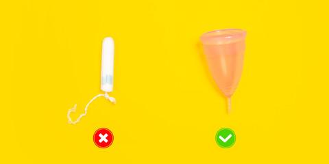 Tampons and menstrual cup. Eco-friendly life - organic made recycle things in compare with polymers, plastics analogues. Natural products for recycle and not harmful to the environment and health.