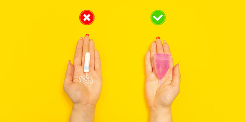 Tampons and menstrual cup. Eco-friendly life - organic made recycle things in compare with polymers, plastics analogues. Natural products for recycle and not harmful to the environment and health.