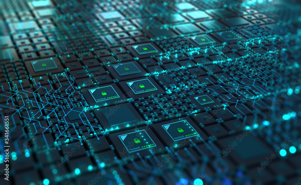 Aufkleber Cybersecurity in digital tomorrow. Computer of future, circuit board and hardware 3d illustration. Information Network and Global Database