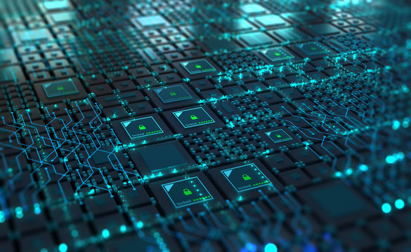 Cybersecurity in digital tomorrow. Computer of future, circuit board and hardware 3d illustration. Information Network and Global Database