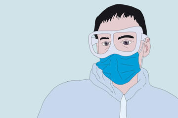 Disinfection team. Persons in viral protective suits. Specialists in bio and viral hazard protective suits illustrations set. Virus attention and disinfection concept.