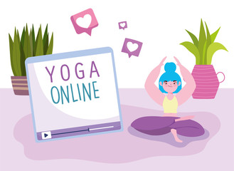 online yoga, young woman practicing yoga lotus pose meditation, application
