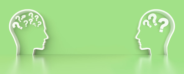 Moving Questionmarks in Human Head outline in front of a color wall background. Business Psychology concept