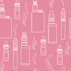 Vector seamless pattern of vape and accessories. Color print on black background. Endless vape background. Vape seamless pattern. Illustration of Electronic cigarette.