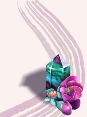 Digital illustraton, background for postcards, greetings with a fluoride crystal and a camellia bouquet