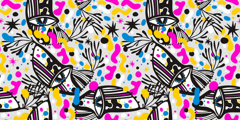 Fototapeta na wymiar Modern doodle psychedelic fashion eyes seamless pattern in hippie or Memphis style