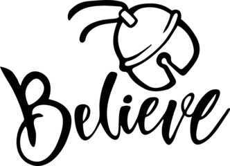 Believe Text under Christmas Jingle Bell black and white line art 