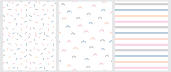 Marine Style Seamless Vector Patterns with Blue, Pink and Gray Arrows, Short Lines and Stripes Isolated on a White Background. Simple Pastel Color Geometric Repeatable Design. Cute Striped Print. 