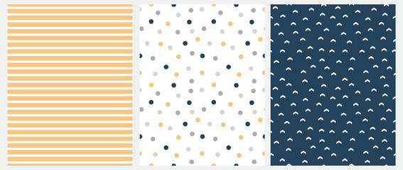 Marine Style Seamless Vector Patterns with Arrows, Dots and Stripes Isolated on a White, Yellow and Navy Blue Background.Simple Geometric Repeatable Design.Cute Striped Print. Dotted Backdrop.