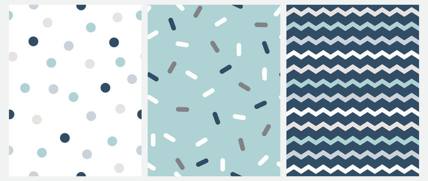 Marine Style Seamless Vector Patterns with Chevron, Dots and Short Lines Isolated on a White, Mint Blue and Navy Blue Background.Simple Geometric Repeatable Design.Cute Zig Zag Print. Dotted Backdrop.