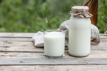 Fresh organic milk in glass and bottle on rustic wooden table on nature background. Vegetable milk, vegan milk, Kefir, or Turkish Ayran drink for helthy eating. Space for text