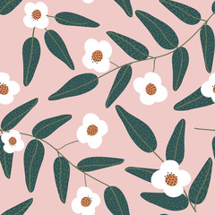 Beautiful floral pattern, Pink background, leafs with white folwers.