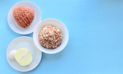 isolated white plates with minced meat, onion and egg  on a blue background