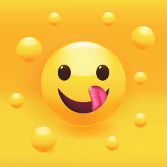 Yummy face with happy smile and tongue.  Premium vector illustration.