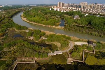 April 22, 2020, the 51st world earth day, aerial photography of the ancient Huaihe River National Wetland Park in Huai'an City, Jiangsu Province, China is full of spring.