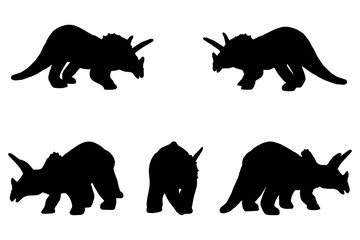 5 black and white set vector dinosaur triceratops silhouette isolated on white background