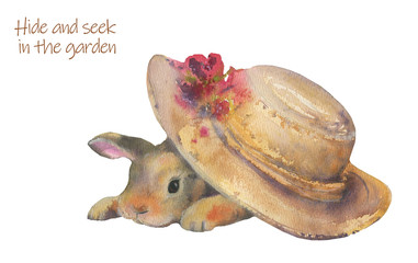Cute rabbit. Hide and seek in the garden.Watercolor illustration on a white background.Rabbit under the hat.
