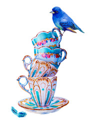 Party colorful tea cups and saucers closeup. Sketch handmade. Postcard with blue bird. Watercolor illustration. - 341671529