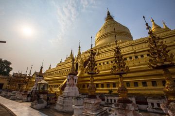 The beautiful golden stupa of a temple in Bagan. Myanmar