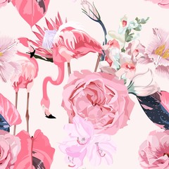 Garden pink flowers, tropical protea, jungle plants, pink flamingos, seamless floral pattern background. Exotic botanical wallpaper, vintage boho style.