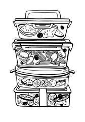 Group of food containers with pasta and vegetables. One on the top of the other. Hand drawn vector sketch illustration