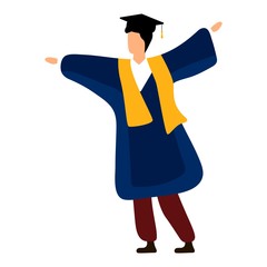 Male student in traditional graduation gown, cartoon style illustration isolated on white background. Young man in academic dress graduating from University.