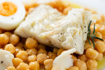 boiled cod fish with chick-pea and boiled egg