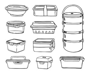 Set of different lunch boxes. Hand drawn vector sketch illustration