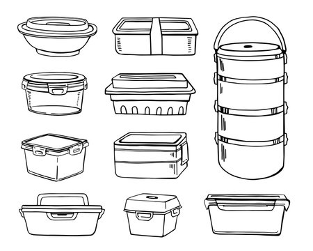 Set Of Different Lunch Boxes. Hand Drawn Vector Sketch Illustration