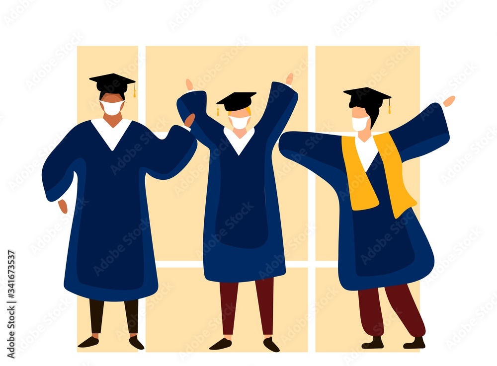 Wall mural Graduated students wearing academic gown and medical masks. Celebrating university graduation 2020. Flat cartoon vector illustration.