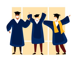 Graduated students wearing academic gown and medical masks. Celebrating university graduation 2020. Flat cartoon vector illustration.