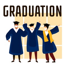 Graduated students wearing academic gown and medical masks. Celebrating university graduation 2020. Flat cartoon vector illustration.