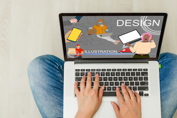 Fototapeta premium Young successful positive stylish woman freelancer is working on a laptop. Work from apartment remote online. Home office comfortable atmosphere. business internet programmer designer developer