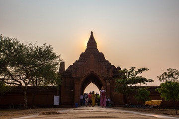 Sunset behind a temple in Bagan. Myanmar