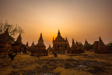 Beautiful orange sunset from small temples in Bagan. Myanmar