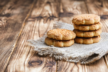 Homemade corn cookies on a rustic background. Copy space..