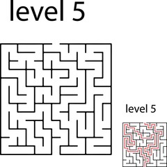 Education logic game labyrinth for kids. Find right way. Isolated simple square maze black line on white background. With the solution. Vector illustration.